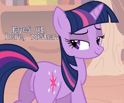 2012 anus ass cutie_mark english_text equine female friendship_is_magic hair horn horse long_hair looking_at_viewer looking_back moob multicolored_hair my_little_pony pony purple_eyes purple_hair pussy smile solo straight_hair text twilight_sparkle_(mlp) unicorn