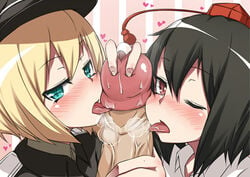 1boy 2girls black_hair blonde_hair blush clothing collaborative_fellatio crossover decensored double_fellatio double_handjob erica_hartmann fellatio glansjob green_eyes hanabi_(ocha) handjob hat licking military military_uniform multiple_fellatio multiple_girls open_mouth oral penis precum red_eyes shameimaru_aya short_hair strike_witches threesome tongue touhou twin_handjob uncensored uniform wink