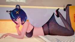 1girls 3d 3d_(artwork) alternate_version_available black_bra black_choker black_nail_polish blue_eyes blue_hair bra braid choker el_joshypoonsfw female female_only fujikura_uruka hair_between_eyes hair_ornament hairclip heels high_heels highres indoors koikatsu lace_pantyhose_hooked_on_heel_(meme) looking_at_viewer multicolored_hair nail_polish on_stomach pantyhose pantyhose_pull phase_connect phase_origins short_hair side_braid smile smiling smiling_at_viewer sodysseus solo solo_female streaked_hair two-tone_hair virtual_youtuber vtuber winking winking_at_viewer