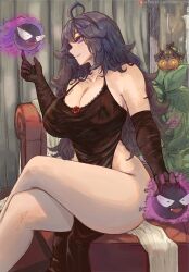 1girls @_@ absurdres ahoge alternate_breast_size_(larger) artist_name black_hair breasts closed_mouth crossed_legs dress female game_freak gastly ghost hair_between_eyes hairband hat headband hex_maniac hex_maniac_(pokemon_xy) highres large_breasts long_hair messy_hair nintendo nipple_bulge nipples_visible_through_clothing open_mouth patreon_logo patreon_username petting pokemon pokemon_(species) pokemon_xy pumpkaboo purple_eyes purple_hair purple_hairband purple_headband sitting smile solo thighs very_long_hair vicartrious yellow_eyes