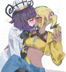 absurdres bandeau belt belt_buckle black_dress black_hair blonde_hair blue_hair blue_nails blush bob_cut buckle canari_(pokemon) canary_(pokemon) closed_eyes coat commentary_request cropped_jacket dark-skinned_female dark_skin dress female gen_4_pokemon grid_background gwynn_(pokemon) hat highres holding holding_phone jacket kissing long_sleeves muku_(pokemon) multicolored_hair nail_polish nintendo o-ring o-ring_belt open_clothes open_coat open_jacket phone pokemon pokemon_legends:_z-a purple_hair rddumpling rotom rotom_phone saliva short_hair white_coat yellow_jacket yellow_nails yuri