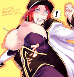 areolae blue_eyes blush bouncing_breasts breasts corset dancing female forte_stollen galaxy_angel grin hat huge_breasts large_areolae large_breasts lips monocle nipples peaked_cap puffy_nipples red_hair sawao short_hair smile solo sweatdrop text translation_request uniform wardrobe_malfunction