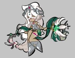 awakened_white_lily_cookie banner basic_background black_panties blush braid braided_hair breasts chestplate cookie_run cookie_run_kingdom crown female flower flower_in_hair hips long_hair looking_at_viewer medium_breasts necklace no_pants panties silver_crown simple_background staff tagme thick_hips thick_thighs thighs white_hair white_lily_cookie