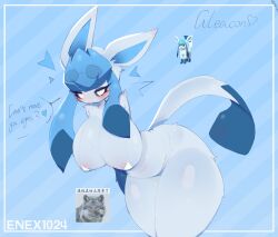 2025 :3 absurd_res anthro areola areola_slip artist_name ass bedroom_eyes bent_over big_breasts biped blue_ears blue_sclera blue_tail blush blush_lines bra breasts chinese_text closed_smile clothing curvy_figure dated dialogue digital_drawing_(artwork) digital_media_(artwork) dipstick_tail eeveelution enexofme english_text eyebrows eyelashes eyewear female front_view fur generation_4_pokemon genitals glaceon glistening glistening_breasts glistening_butt glistening_thighs hanging_breasts heart_symbol hi_res hourglass_figure huge_breasts huge_hips huge_thighs looking_at_viewer mammal markings meme monotone_body mostly_nude mouth_closed narrowed_eyes nintendo partial_speech_bubble pokemon pokemon_(species) pseudo_hair pussy raised_tail reference_image seductive simple_background smile solo sunglasses tail tail_markings text thick_thighs three-quarter_view underwear vulva white_eyes wide_hips