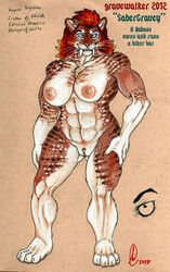 2012 abs anthro biceps breasts fangs feline female female_only fur furry gravewalker looking_at_viewer muscles muscular_female nipples pose pubic_hair pussy saber_tooth_tiger smile solo