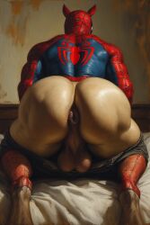 1boy ai_generated anthro anthro_only anus ass backsack balls ballsack bed bedroom clothed clothes costume digitigrade equine furry furry_only furrypornaddiction horse huge_ass kneeling male male_only marvel marvel_comics pants_down perineum pony solo solo_male spider-man spider-man_(series) tan_skin undressing