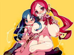 2girls areolae blue_eyes blue_hair blush breast_grab breast_hold breasts erect_nipples glasses huge_breasts lactation large_areolae long_nipples nipple_tweak nipples pink_hair red_eyes school_uniform youtou_sadamitsu