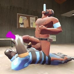 2boys anal_penetration anal_sex armbands cmnm dark-skinned_male demoman dildo dildo_in_mouth eye_patch garry's_mod gas_mask glove head_thrown_back holding_penis huge_balls huge_cock long_dildo male male_urethral_insertion mouth_open multiple_males pyro scars sitting_on_penis strap-on studded_dildo team_fortress_2 urethral_insertion utility_belt watch_cap yaoi