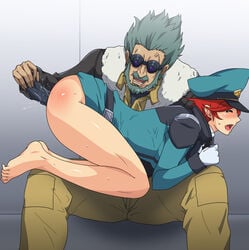 1boy age_difference anger_vein aqua_hair ass barefoot beard blush bottomless closed_eyes color dildo facial_hair female flit_asuno gloves goggles green_hair gundam gundam_age gureko_rouman hair happy_sex hat headgear military military_uniform moaning moustache natora_einus no_panties open_mouth peaked_cap pussy_juice red_ass red_hair short_hair sitting spanked sweat tear toe_scrunch top-down_bottom-up uniform