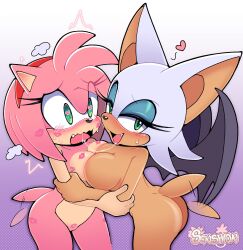 2026 absurd_res accessory after_kiss amy_rose anthro ass bat big_breasts blue_eyeshadow blush blush_lines bodily_fluids breast_size_difference breast_squish breasts breasts_frottage digital_drawing_(artwork) digital_media_(artwork) duo eulipotyphlan eyelashes eyeshadow female female/female flustered genitals glistening_eyelids green_eyes hair_accessory hairband heart_eyes heart_symbol hedgehog hi_res kiss_mark long_eyelashes looking_at_viewer makeup mammal membrane_(anatomy) membranous_wings motion_lines nude rouge_the_bat saliva saliva_string sega senshion simple_background sonic_(series) sonic_the_hedgehog_(series) squish tail tail_motion tailwag tongue vulva watermark wings