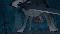 absurd_res ai_assisted ai_generated anatomically_correct anatomically_correct_genitalia anatomically_correct_penis animal_genitalia animal_penis anotheranon balls bared_teeth big_balls big_penis black_nose bodily_fluids canid canine canine_genitalia canine_penis canis cemetery claws dark_souls detailed_background digitigrade dripping erection fangs feet feral forest fromsoftware fur genital_fluids genitals great_grey_wolf_sif grey_body grey_fur grey_sheath hi_res holding_object holding_sword holding_weapon knot knot_in_sheath leaking_precum male male_feral mammal melee_weapon night outside paws penis plant precum precum_drip precum_string quadruped realistic_feral red_penis ruins saggy_balls scrotum scrotum_flap sheath solo sword teeth toe_claws tombstone tree weapon white_balls white_body white_fur white_sheath widescreen wolf
