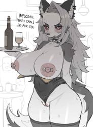 1girls 2025 alcohol alternate_breast_size anthro areolae belly_button between_labia beverage big_breasts blush blushing breasts breasts_out busty canid canine cleavage clothed clothed_female clothing collar curvaceous curvy demon demon_girl ear_piercing ear_tuft earrings embarrassed english_text female front_view furry genitals grey_body grey_fur grey_hair hair hellhound helluva_boss hi_res humanoid_genitalia labia large_areolae large_breasts legs_together legwear leotard long_hair looking_at_viewer loona_(helluva_boss) mole mole_on_breast navel nipple_piercing nipples open_mouth partially_clothed partially_visible_vulva piercing pink_nipples puffy_areola puffy_nipples pussy red_sclera serving_tray skindentation solo spiked_collar sweat sweatdrop sweating sweaty sweaty_body tail talking_to_viewer teeth text thick_thighs thighhighs thighs two-tone_body two-tone_fur vulva white_body white_eyes white_fur wide_hips wine zhou135627