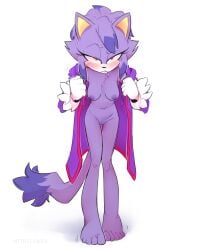 5_toes amber_eyes anthro areola artist_name barefoot bedroom_eyes biped bite biting_lip biting_own_lip black_nose blaze_the_cat blue_areola blue_highlights blue_markings blue_nipples blue_tail_tip blush blush_lines blushing_at_viewer breasts brown_pupils clothed clothed_anthro clothed_female clothing clothing_pull countershade_face countershading darkened_genitalia darkened_nipples dipstick_hair dipstick_tail domestic_cat eyebrow_through_hair eyebrows eyelashes feet felid feline felis female female_anthro fingers front_view full-length_portrait fur genitals gloves grey_text hair half-closed_eyes handwear hi_res highlights_(coloring) iris leaning leaning_forward long_eyelashes long_tail looking_at_viewer mammal markings multicolored_body multicolored_fur mythiilewdii narrowed_eyes navel nipples no_bra no_underwear open_clothing open_robe pink_blush pinup portrait pose presenting pupils purple_body purple_clothing purple_ears purple_fur purple_robe purple_tail raised_eyebrow robe robe_pull seductive sega self_bite shaded simple_background skinny skinny_anthro skinny_female solo sonic_(series) sonic_the_hedgehog_(series) standing tail tail_markings text toes translucent translucent_hair white_background white_body white_clothing white_countershading white_fur white_gloves white_handwear white_sclera yellow_inner_ear