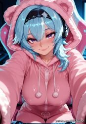 1girl 2026 ai_generated anime bangs black_hairband blue_hair blush boobs breasts cleavage closed_mouth collarbone covered_nipples crossover eula_(genshin_impact) eye_contact female female_focus flushed fur_trim genshin_impact hair_accessory hairband headphones highres hood hoodie hoyoverse huge_breasts large_breasts long_sleeves looking_at_viewer medium_hair mihoyo neutral_expression nsfw patreon pink_hoodie purple_eyes rognezart sitting smile smiling solo
