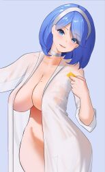 1girls azur_lane blue_eyes blue_hair blush breasts chapayev_(azur_lane) cleavage condom_wrapper female female_only huge_breasts light-skinned_female light_skin no_bra no_panties no_underwear northern_parliament_(azur_lane) rainz see-through see-through_clothing solo unopened_condom_wrapper