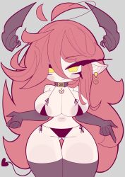 1girls almost_naked almost_nude belt_collar bikini black_bra black_gloves black_legwear black_panties collar devil_tail earrings elf_ears elf_female eyelashes female_focus female_only gloves gray_background hss_dada huge_breasts huge_thighs long_eyelashes long_hair messy_hair mommy original_character red_hair small_waist succubus thick_thighs thighhighs thighs vampire vampire_girl white_skin yellow_eyes