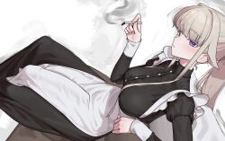 1futa absurdres apron black_dress blonde_hair breasts bulge cigarette closed_mouth covered_penis dress erection erection_under_clothes from_side futanari highres holding holding_cigarette huge_breasts huge_cock intersex juliet_sleeves large_breasts long_hair long_penis long_sleeves looking_at_viewer maid original penis penis_to_the_knees poney puffy_sleeves purple_eyes sidelocks sitting smoking solo tagua white_apron
