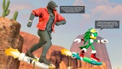 2boys absurd_res anthro bottomless bottomless_anthro bottomless_male clothed clothing desert dialogue duo epic_games exhibitionism extreme_gear flaccid fortnite genitals hi_res hoverboard humanoid jet_the_hawk male male_only meteorsmash nude parody penis public public_exposure public_nudity race sega sonic_(series) sonic_racing:_crossworlds sonic_riders sonic_the_hedgehog_(series) thunder_(fortnite)