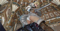 1boy 1girls 3d blonde_hair devil_may_cry facesitting female gloves green_eyes hair_ornament highres long_hair male nero_(devil_may_cry) panties pantyshot pyrrha_alexandra shield sitting skirt soul_calibur soul_calibur_v sword thigh_boots thighhighs underwear weapon white_panties xnalara