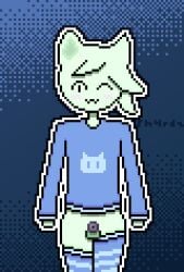 .3 1boy 1femboy 1furry :3 ambiguous_gender animal_genitalia blush bottomless cat_boy cat_ears cat_tail catboy chastity_cage chastity_device cleavage close-up close_up closed_eyes collar crop_top dithering domestic_cat embarassed english_text feline femboy femboy_only flat_chastity_cage full_body fur furry furry_only genitals graphic_tee green_skin hoodie kitsune_tail lack_of_bottomwear large_tail long_sleeves looking_away looking_away_from_viewer male male_only markings naked_thighs no_panties no_pants one_eye_covered original original_character partially_clothed partially_nude penis pixel_(artwork) pixel_art purple_clothing self_upload sh4rdz_(artist) shy simple_background small_penis tagme thick thighs thighs_waist vi_(sh4rdz) virus