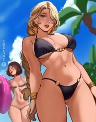 2girls beach beach_background bikini blonde_hair breasts elden_ring fanart female hips holy_meh holymeh marika melina melina_(elden_ring) queen_marika queen_marika_the_eternal summer swimwear thighs tropical