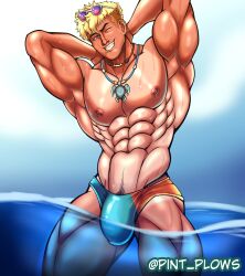 1boy abs absurd_res artist_name blonde_hair blonde_hair_male blonde_male collars earrings hands_behind_back happy_trail hi_res in_water lifting_arms male male_only muscles overwatch overwatch_2 pint_plows poolside_wuyang shirtless shirtless_(male) shirtless_male showing_armpits six_pack smiling smirk solo speedo standing sunglasses sunglasses_on_head tan_body tan_skin wet wet_body wet_skin wuyang