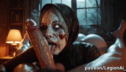 ai ai_art ai_generated blood_on_face cum_in_mouth cum_on_face female ghost ghost_girl glowing_eyes horror horror_(theme) licking_cum licking_cum_from_penis licking_penis lying_on_bed lying_on_stomach male male_pov pale-skinned_female penis white_eyes white_hair white_skin