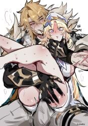1boy 1girls absurdres aroused artist_name asymmetrical_gloves bare_shoulders beret big_breasts black_gloves blonde_hair blue_eyes blush breasts bulge bulge_through_clothing clothed coat dress english_commentary english_text face_grab face_squish facial_mark facial_scar female forehead_mark fur_collar genshin_impact gloves grey_pants hair_ribbon hat highres horny horny_female horny_male imminent_sex kurenaiz1 legs legs_up light-skinned_female light-skinned_male light_skin long_hair looking_at_another looking_at_partner looking_down male male/female mihoyo multiple_scars muscular muscular_male nicole_reeyn_(genshin_impact) pants penis_bulge pointy_ears ribbon scar scar_on_cheek scar_on_face short_hair sideboob sitting sitting_on_person size_difference smile speech_bubble steamy straight sweat thigh_grab thighs thought_bubble tremble_spikes unusual_pupils varka_(genshin_impact) vein veiny_arms white_dress white_hat