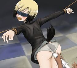 1girls animal_tail ass blindfold blonde_hair blush bondage clothing enema enema_syringe erica_hartmann femsub flat_chest gag panties rope strike_witches sweat syringe tape tape_gag thighs yamija