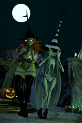 2girls 3d 3d_(artwork) absurd_res background blender blue_nipples breasts candle candlelight cleft_of_venus clitoral_hood clitoris covering_face embarrassed embarrassed_nude_female female flat_chest full_moon functionally_nude_female gloves glowing_eyes graveyard green_labia_minora green_nipples green_skin hair halloween jack-o'-lantern jagged_mouth karaka_(merafume) kiduna_doll_(merafume) knees_together long_hair looking_at_another lorded merafume moon nude orange_hair original_characters pear-shaped_figure pelvis plump_labia pumpkin pussy ribcage shoes skeleton skeleton_girl skull small_breasts smug spine stitches stone_floor thick_thighs thighhigh_boots thighhighs trees twintails vulva wide_hips witch_hat zombie zombie_girl