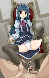 black_legwear black_socks blue_hair blush chair cum cum_on_body cum_on_clothes cum_on_lower_body cum_string dress feet female footjob idolmaster idolmaster_cinderella_girls legs long_hair maid_headdress momio no_shoes open_mouth panties penis pubic_hair red_eyes sajou_yukimi shiny shiny_clothes sitting socks soles thigh_socks thighhighs toes underwear white_panties