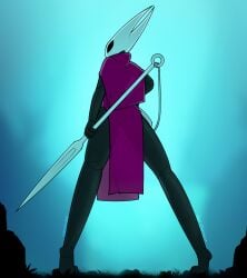 anthro black_body eggnog_(artist) hollow_knight hollow_knight:_silksong hornet_(hollow_knight) mask menacing needle nude red_clothing scenery silksong string tagme transparent_clothing upskirt