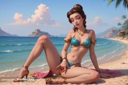 1girls ai_generated armlet artist_name beach beauty_and_the_beast_(1991_film) belle_(beauty_and_the_beast) bikini blue_bikini bracelet breasts brown_hair cleavage closed_eyes cloud day disney disney_princess earrings eyeshadow female female_masturbation fingering hair_bun hi_res high_heels jewelry knee_up lips makeup masturbation medium_breasts mole navel necklace nose ocean outdoors palm_tree parted_lips progenarts pussy sand sandals single_hair_bun sitting sky solo spread_legs swimsuit toenails tree uncensored water web_address