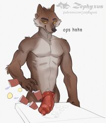 2026 animal_genitalia animal_penis anthro athletic athletic_anthro athletic_male big_penis biped bodily_fluids brown_body brown_fur canid canine canine_genitalia canine_penis canis claws container cup digital_media_(artwork) disposable_cup dreamworks erection finger_claws fur genital_fluids genitals hand_on_hip hand_on_own_hip knot looking_at_viewer male male_anthro mammal mr._wolf_(the_bad_guys) multicolored_body multicolored_fur nude_anthro nude_male penis precum red_penis smile smiling_at_viewer solo the_bad_guys two_tone_body two_tone_fur white_body white_fur wolf yellow_eyes zephyxus