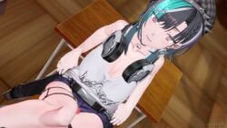 1boy 1girls 3d animated belt beret black_hair blue_hair blush bouncing_breasts breasts censored choker classroom clothed clothing cum cum_on_clothes cum_on_legs cum_on_lower_body desk earrings expressive eyebrows_visible_through_hair frottage hat headphones headphones_around_neck hololive hololive_dev_is hololive_flow_glow huge_breasts licking_lips light-skinned_male light_skin mikumikudance mmd mosaic_censoring on_desk pale-skinned_female pale_skin penis penis_out pink_eyes rindo_chihaya rings sound thigh_sex two-tone_hair video virtual_youtuber zuzuzu3d