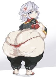 original original_character riceoctopii shortstack 1girls 1girl fat_ass fat_female looking_at_viewer middle_finger annoyed annoyed_expression looking_back looking_back_at_viewer white_hair huge_breasts huge_ass thick_thighs annoyed_face sandals red_thong red_underwear uniform_top uniform pointy_ears light-blue_eyes makeup exposed_breasts covered_nipples black_thighhighs steam steaming_body steamy_ass white_background simple_background color 2d