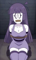 spooky_month lila_(spooky_month) ai_generated ai ai-created tied_up gagged gagged_female female looking_at_viewer bondage sr_pelo scared scared_expression purple_hair white_body white_skin tits boobs breasts rope rope_bondage tape taped_mouth tape_gag