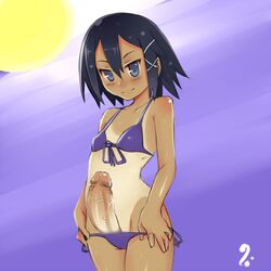 asagi_asagiri bikini black_hair blue_eyes blush disgaea futanari intersex small_breasts string_bikini sun swimsuit tan tanline taosym undressing