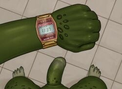 anthro argonian clock feet first_person_view foreskin genitals green_body green_scales humanoid_genitalia humanoid_penis male meme microsoft nude penis reptile scales scalie solo tall_lizzard the_elder_scrolls toes vein veiny_penis watch wristwatch