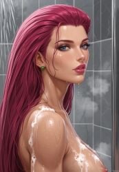 deergirlfit ai_generated jessie_(pokemon) pokemon shower muscular_female muscular toned toned_female toned_body athletic athletic_female sensual wet wet_skin wet_body wet_hair showering soap soap_bubbles soapy close-up