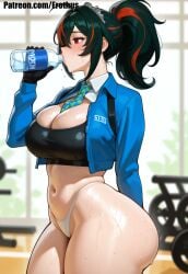 ai_generated erothus zenless_zone_zero hoyoverse mihoyo zhu_yuan 1girl breasts solo red_eyes underwear panties multicolored_hair streaked_hair large_breasts navel drinking sweat necktie jacket black_hair gloves ponytail white_panties red_hair cleavage bottle thick_thighs thighs black_gloves water_bottle blue_jacket blush green_hair