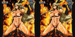 1girls 2:1_aspect_ratio amazon_(dragon's_crown) amazon_warrior armlet armor axe bikini_armor blonde_hair boots breasts circlet clothing commentary_request cross-eyed_stereogram dragon's_crown feathers female fire footwear gloves green_eyes halberd jewelry long_hair muscle muscular muscular_female osamu_yagi polearm solo stereogram stereoscopy tattoo weapon yagio