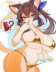 whooo-ya golden_week nana_(whooo-ya) domestic_cat felid feline felis mammal 2026 hi_res pictographics anthro arm_tuft big_breasts bikini bikini_pull biped bodily_fluids breasts brown_hair cellphone chest_tuft clothed clothed_anthro clothed_female clothing clothing_pull dipstick_tail electronics eyebrows eyelashes female female_anthro fur glistening glistening_body glistening_breasts glistening_thighs gloves_(marking) gold_bikini green_eyes hair huge_breasts inner_ear_fluff kemono looking_at_viewer markings navel open_mouth open_smile orange_body orange_fur phone shoulder_tuft smartphone smile solo standing sweat sweatdrop sweaty_breasts swimwear swimwear_pull tail tail_markings tan_body tan_fur tuft two-piece_swimsuit wide_hips yellow_bikini yellow_clothing yellow_swimwear 1girls female_only smiling smiling_at_viewer furry