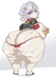 original original_character riceoctopii shortstack 1girls 1girl fat_ass fat_female looking_at_viewer middle_finger annoyed annoyed_expression looking_back looking_back_at_viewer white_hair huge_breasts huge_ass thick_thighs annoyed_face sandals red_thong red_underwear uniform_top uniform pointy_ears light-blue_eyes makeup exposed_breasts exposed_nipples nipple_piercing golden_rings golden_piercing steam steaming_body simple_background white_background color 2d
