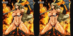 1girls 2:1_aspect_ratio amazon_(dragon's_crown) amazon_warrior armlet armor axe bikini_armor blonde_hair boots breasts circlet clothing commentary_request cross-eyed_stereogram dragon's_crown feathers female footwear gloves green_eyes halberd jewelry long_hair muscle muscular muscular_female osamu_yagi polearm solo stereogram stereoscopy tattoo weapon yagio