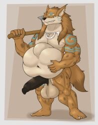 anthro axe balls belly big_balls big_belly big_penis black_nose brown_body brown_fur erection fangs foreskin fur genitals gnoll hi_res hyena jewelry male male_pred mammal markings muscular muscular_male necklace nude pecs penis rokie38 solo teeth tight_foreskin vore
