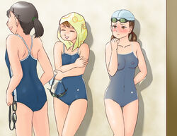 3girls blush body_paint bodypaint breasts error_(errorless) errorless_(artist) false_clothes multiple_girls nipples nude one-piece_swimsuit painted_clothes public pussy school_swimsuit smile swimming_glasses swimming_goggles swimsuit uncensored