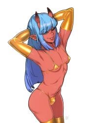 doxy hi_res very_high_resolution white_background sui_(suikisses) 1futa futanari futa_only solo looking_at_viewer smiling smiling_at_viewer wink winking_at_viewer oni oni_horns horns blue_hair long_hair pointy_ears hands_behind_head red_skin bikini gold_bikini golden_week ear_piercing blue_eyes micro_bikini small_breasts bulge armwear thighhighs