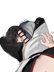 2boys bar_censor black_hair erection gay gintama gintoki_sakata high-angle_view imminent_oral japanese_clothes katsura_kotarou kimono looking_at_viewer male male_only male_pov penis penis_on_face penis_out pov solo_focus yaoi