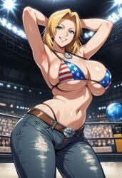 ai_generated american_female american_flag_bikini american_flag_bikini_top arms_behind_head arms_up big_boobs big_breasts big_tits blonde blonde_female blonde_hair blonde_hair_female boxing_ring crowd crowd_watching dead_or_alive fighting_ring jeans large_boobs large_breasts large_tits panty_straps showing_off smile smiling sole_female tina_armstrong usa_bikini white_skinned_female